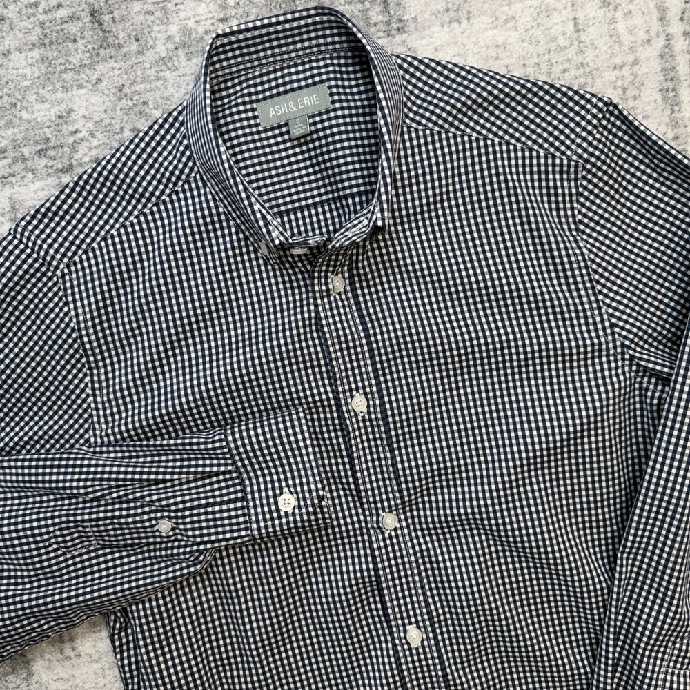 Ash & Erie Shirt Mens Small Slim Navy Gingham Check Cotton Button Down Preppy